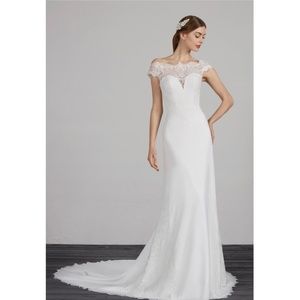 Pronovias Modena Off Shoulder Lace Crepe Mermaid Gown Ivory Size 12